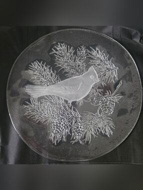 Smith Glass Vintage Frosted Cardinal Bird in Pine Tree 13" Serving Plate